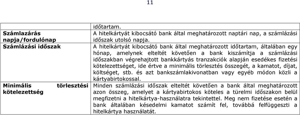 esedékes fizetési kötelezettséget, ide értve a minimális törlesztés összegét, a kamatot, díjat, költséget, stb. és azt bankszámlakivonatban vagy egyéb módon közli a kártyabirtokossal.