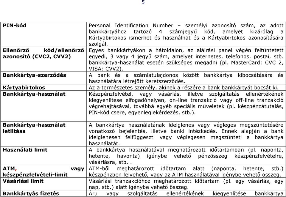 Egyes bankkártyákon a hátoldalon, az aláírási panel végén feltüntetett egyedi, 3 vagy 4 jegyű szám, amelyet internetes, telefonos, postai, stb. bankkártya-használat esetén szükséges megadni (pl.