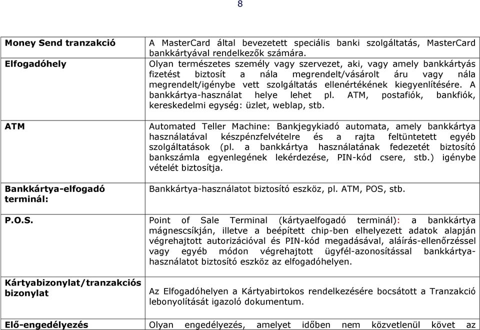 A bankkártya-használat helye lehet pl. ATM, postafiók, bankfiók, kereskedelmi egység: üzlet, weblap, stb.