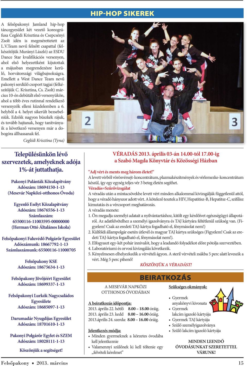 világbajnokságra. Emellett a West Dance Team nevű pakonyi serdülő csoport tagjai (felkészítőjük C. Krisztina, Cs.