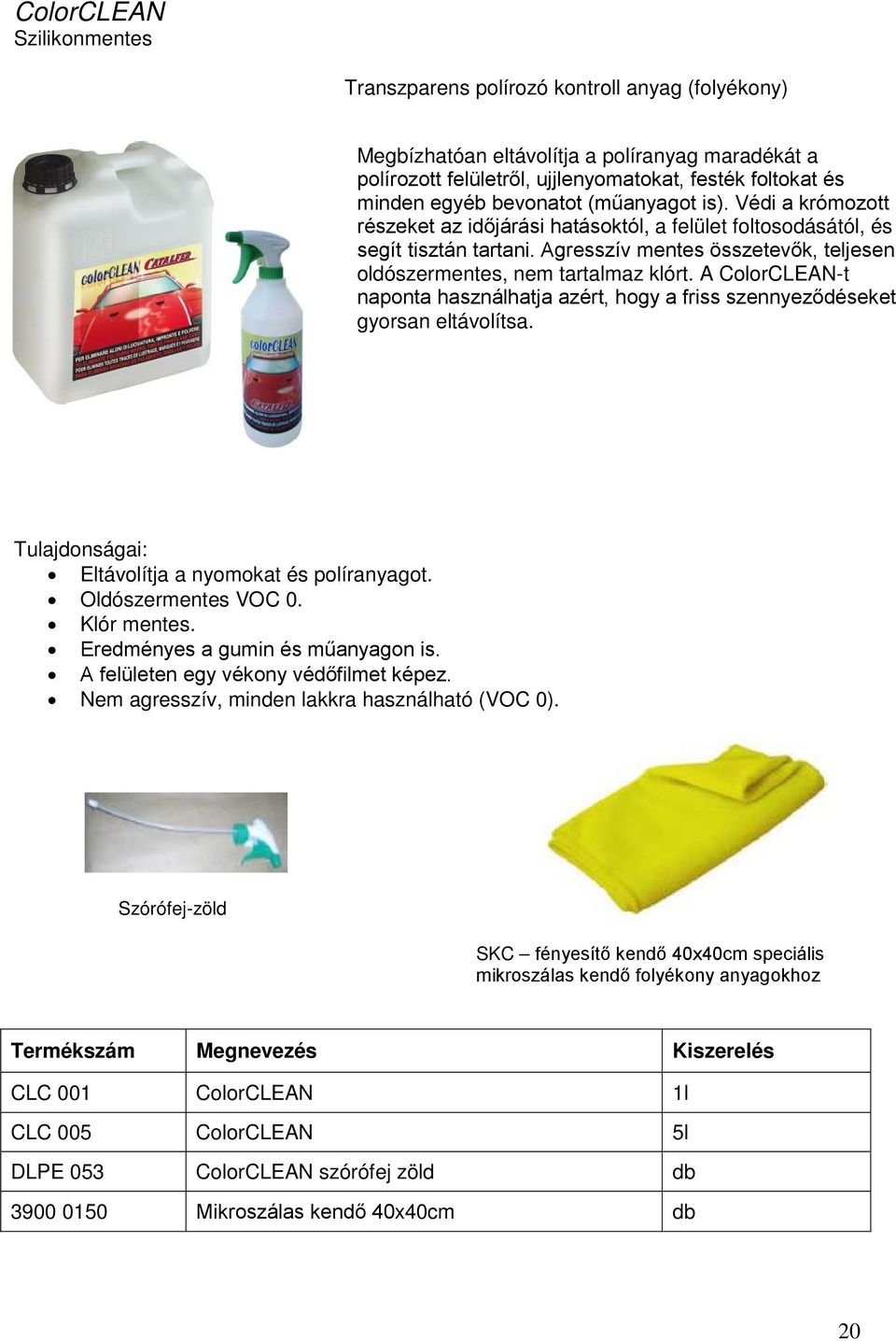 Agresszív mentes összetevők, teljesen oldószermentes, nem tartalmaz klórt. A ColorCLEAN-t naponta használhatja azért, hogy a friss szennyeződéseket gyorsan eltávolítsa.