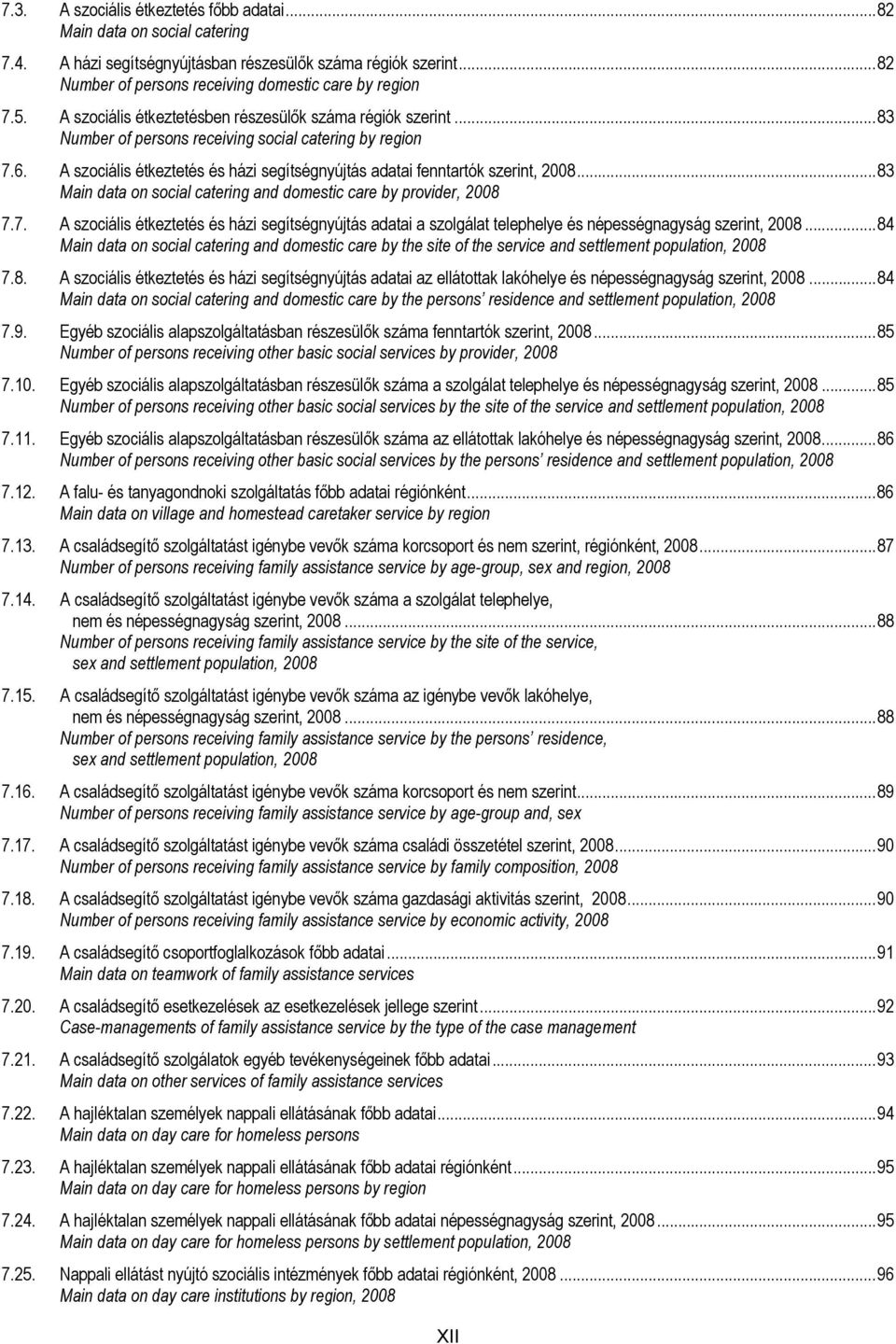 ..83 Main data on social catering and domestic care by provider, 2008 7.7. A szociális étkeztetés és házi segítségnyújtás adatai a szolgálat telephelye és népességnagyság szerint, 2008.