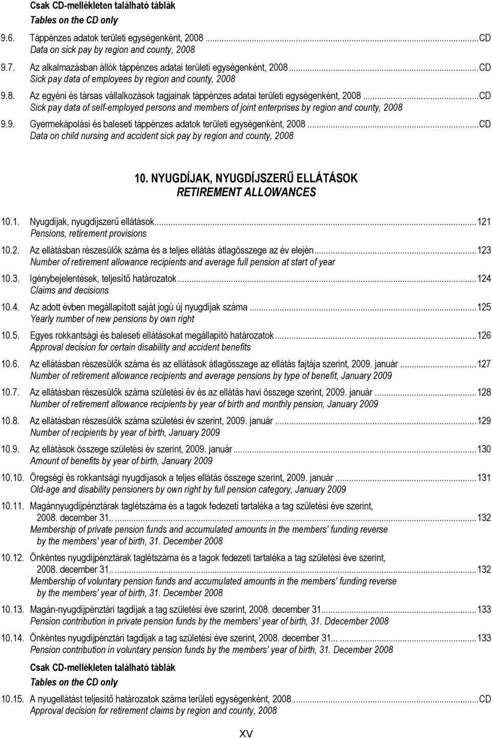 ..CD Sick pay data of self-employed persons and members of joint enterprises by region and county, 2008 9.9. Gyermekápolási és baleseti táppénzes adatok területi egységenként, 2008.