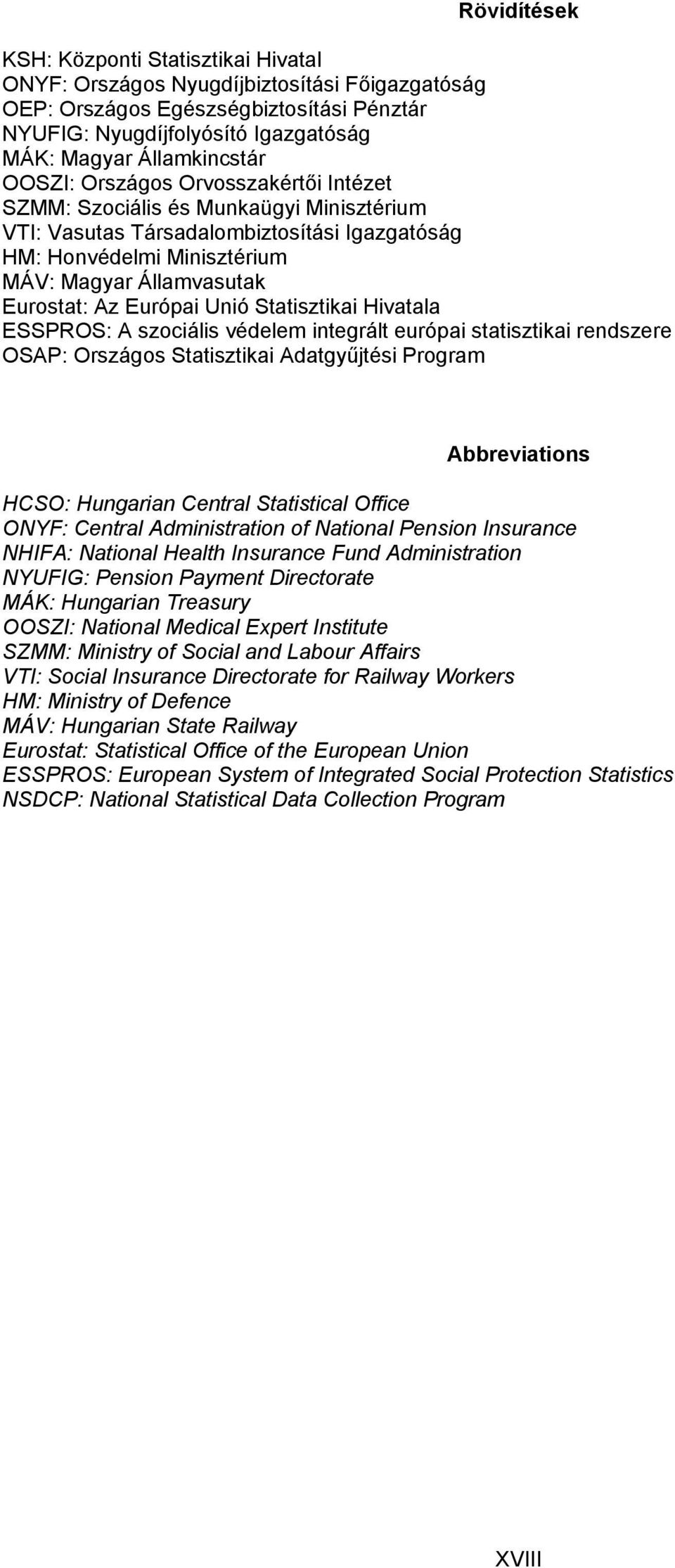 Európai Unió Statisztikai Hivatala ESSPROS: A szociális védelem integrált európai statisztikai rendszere OSAP: Országos Statisztikai Adatgyűjtési Program Abbreviations HCSO: Hungarian Central