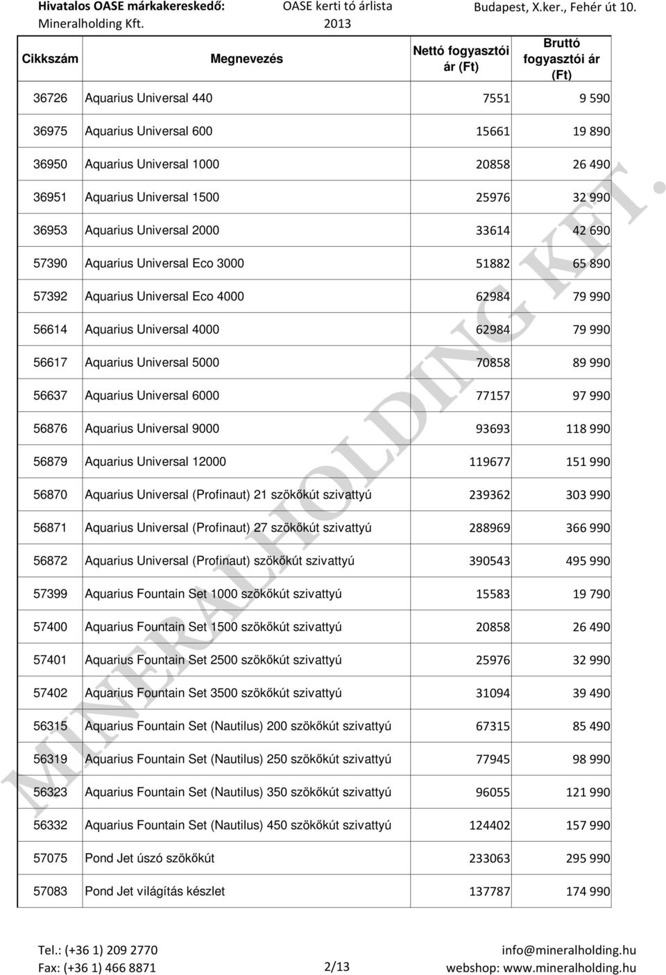 56637 Aquarius Universal 6000 77157 97 990 56876 Aquarius Universal 9000 93693 118 990 56879 Aquarius Universal 12000 119677 151 990 56870 Aquarius Universal (Profinaut) 21 szökőkút szivattyú 239362