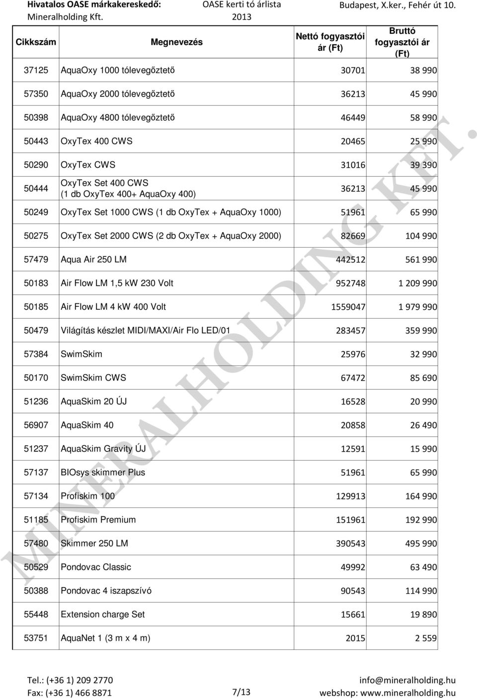 82669 104 990 57479 Aqua Air 250 LM 442512 561 990 50183 Air Flow LM 1,5 kw 230 Volt 952748 1 209 990 50185 Air Flow LM 4 kw 400 Volt 1559047 1 979 990 50479 Világítás készlet MIDI/MAXI/Air Flo