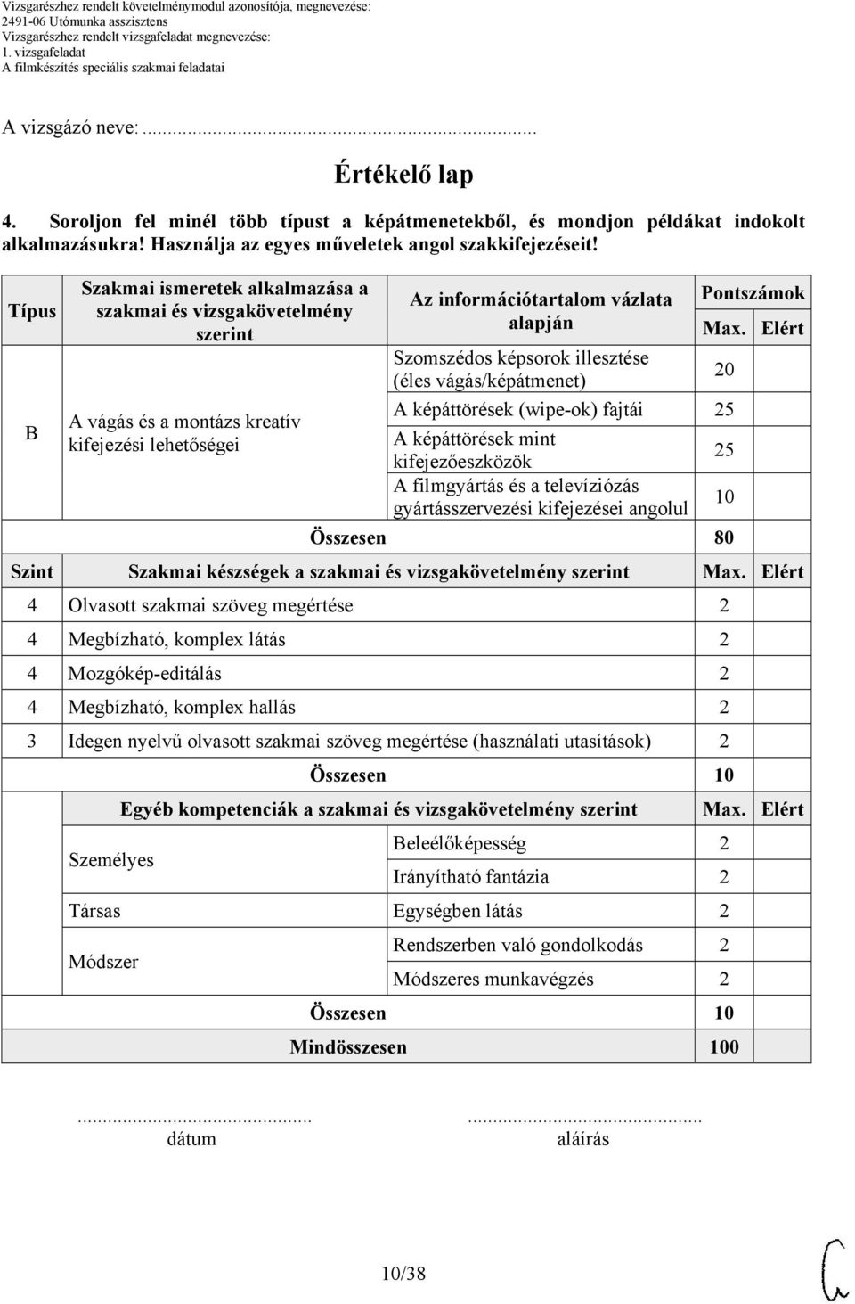 (éles vágás/képátmenet) 20 A képáttörések (wipe-ok) fajtái 25 A képáttörések mint kifejezőeszközök 25 A filmgyártás és a televíziózás gyártásszervezési kifejezései angolul 10 Összesen 80 Pontszámok