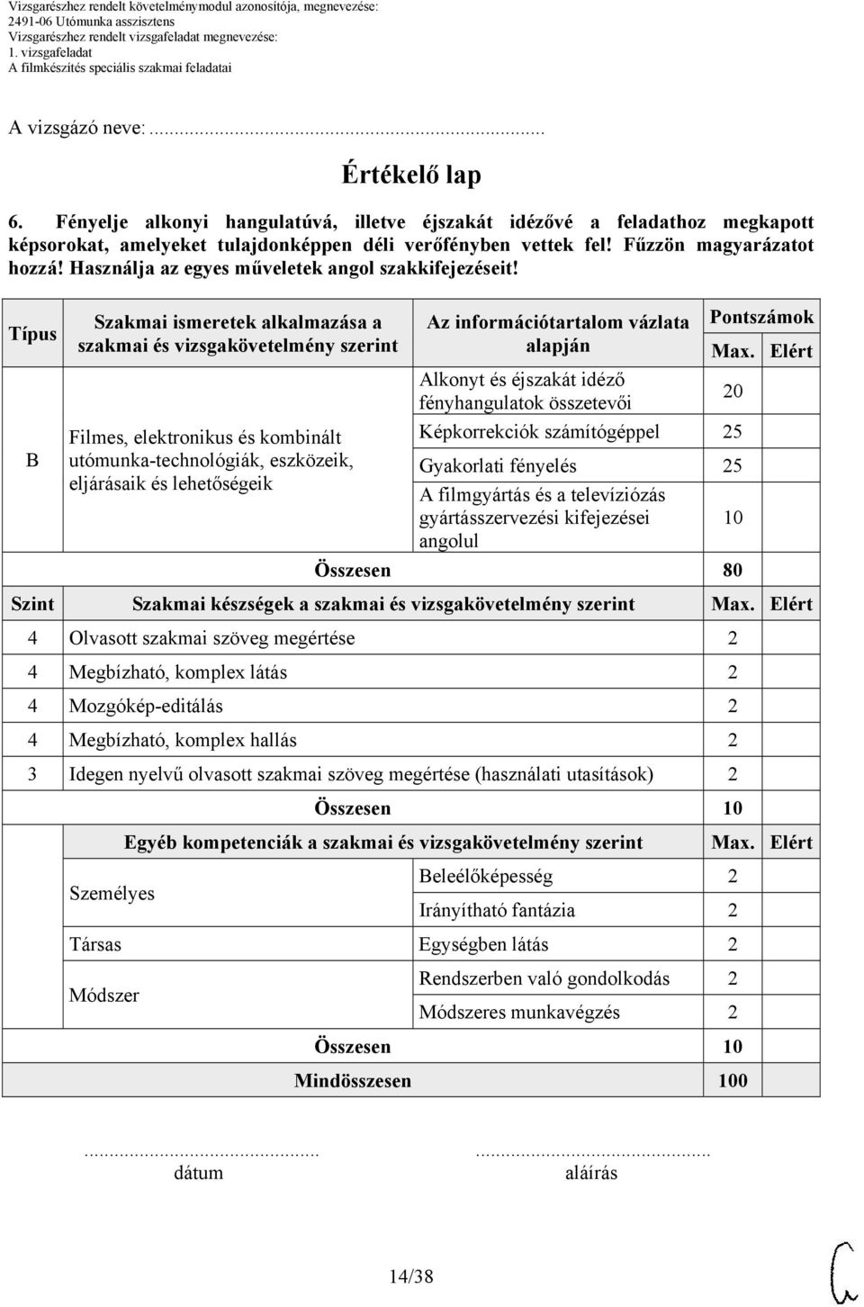 Típus Szakmai ismeretek alkalmazása a szakmai és vizsgakövetelmény szerint Filmes, elektronikus és kombinált utómunka-technológiák, eszközeik, eljárásaik és lehetőségeik Az információtartalom vázlata