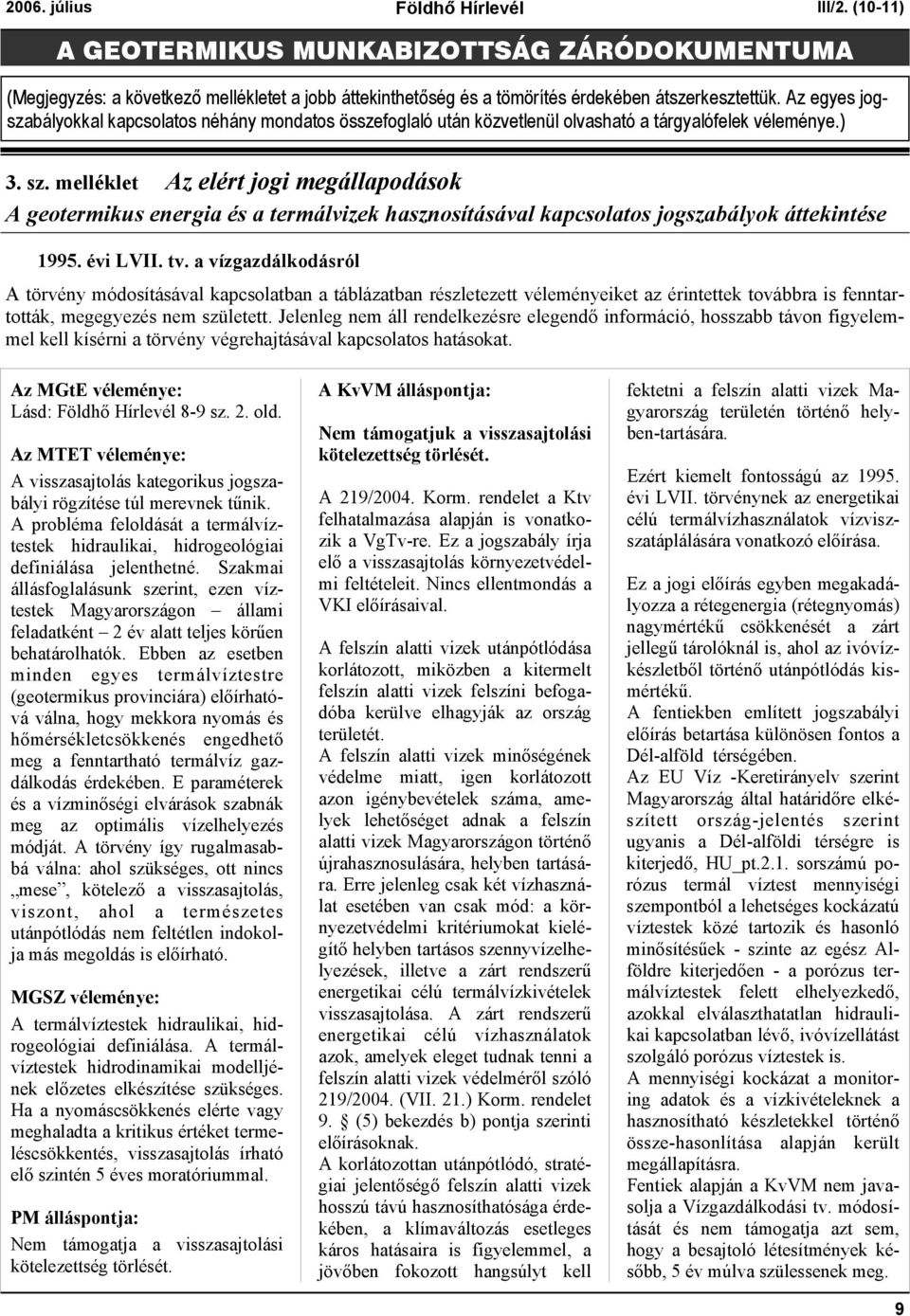 melléklet Az elért jogi megállapodások A geotermikus energia és a termálvizek hasznosításával kapcsolatos jogszabályok áttekintése 1995. évi LVII. tv.