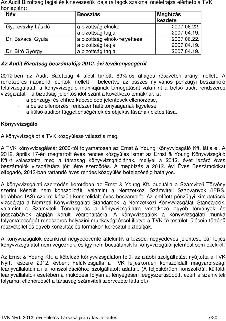 évi tevékenységéről 2012-ben az Audit Bizottság 4 ülést tartott, 83%-os átlagos részvételi arány mellett.