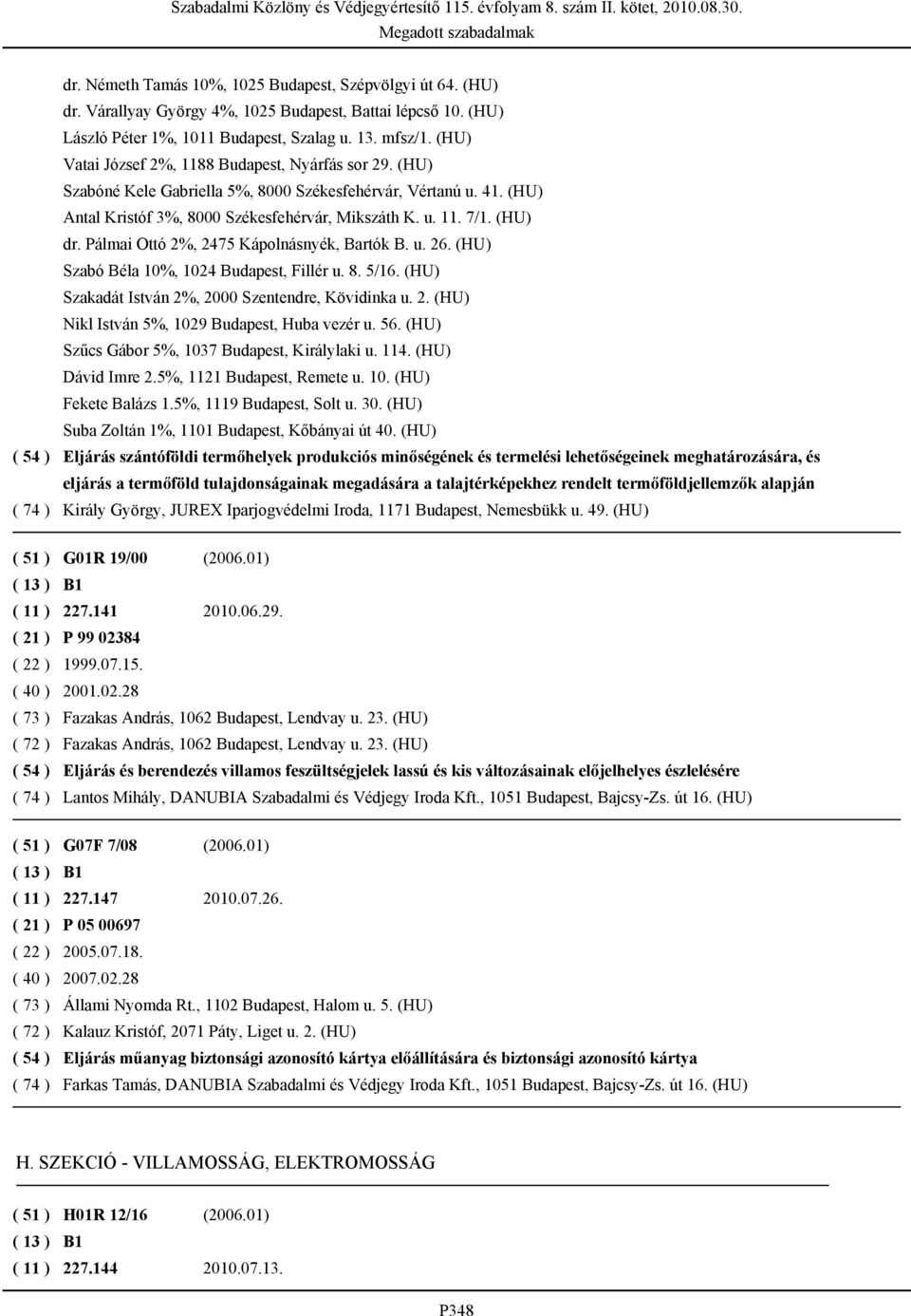 Pálmai Ottó 2%, 2475 Kápolnásnyék, Bartók B. u. 26. (HU) Szabó Béla 10%, 1024 Budapest, Fillér u. 8. 5/16. (HU) Szakadát István 2%, 2000 Szentendre, Kövidinka u. 2. (HU) Nikl István 5%, 1029 Budapest, Huba vezér u.