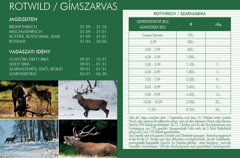 ROTHIRSCH / SZARVASBIKA GEWEIHGEWICHT (KG) AGANCSSÚLY (KG) /dkg Csapos/Spiesser 120,- - 2,99 300,- - 3,00 3,99 600,- - 4,00 4,99 1.000,- - 5,00 5,99 1.100,- 7,- 6,00 6,99 1.800,- 7,- 7,00 7,99 2.