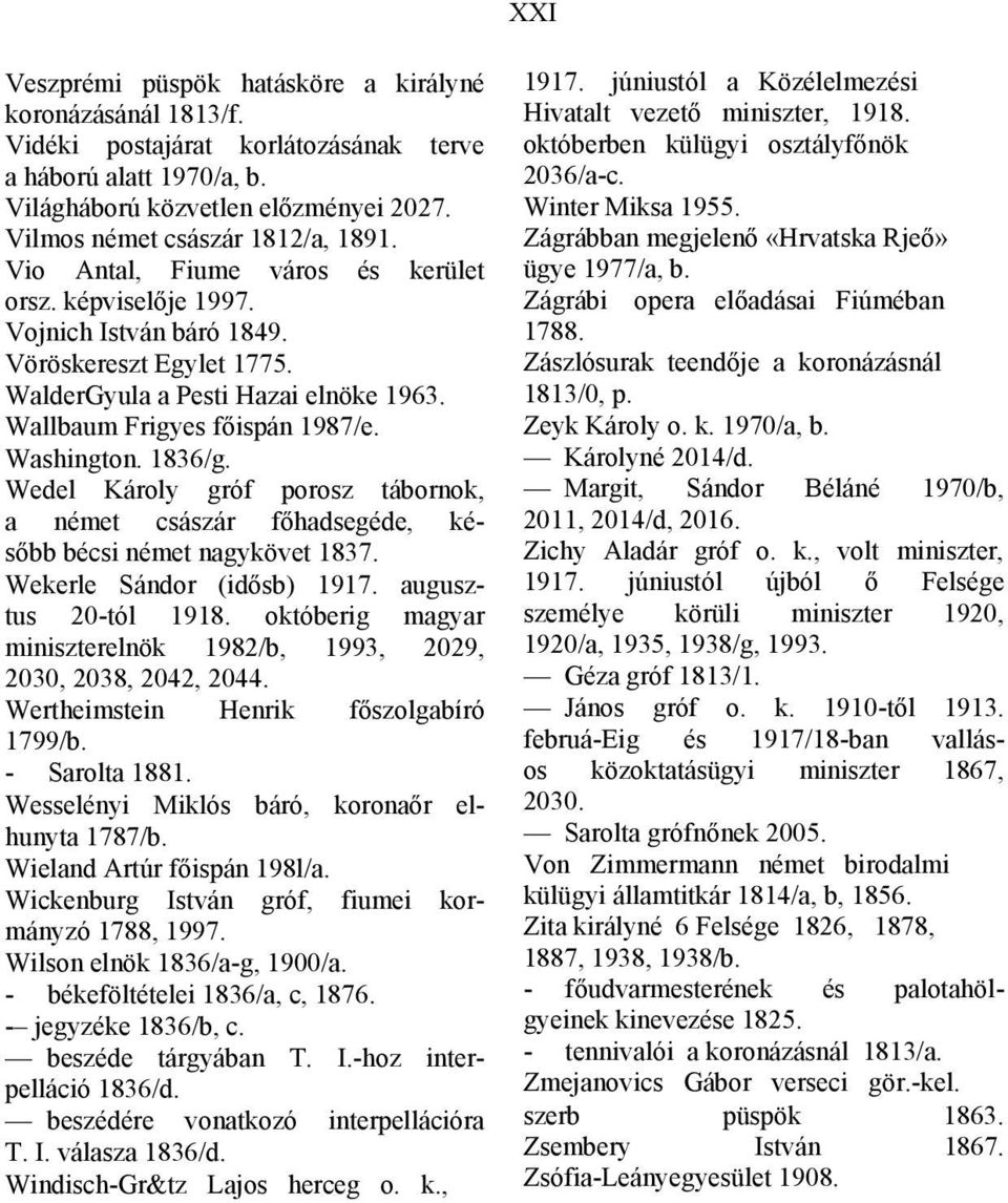 Wallbaum Frigyes főispán 1987/e. Washington. 1836/g. Wedel Károly gróf porosz tábornok, a német császár főhadsegéde, később bécsi német nagykövet 1837. Wekerle Sándor (idősb) 1917.