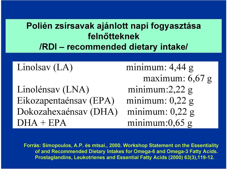 DHA + EPA minimum:0,65 g Forrás: Simopoulos, A.P. és mtsai., 2000.