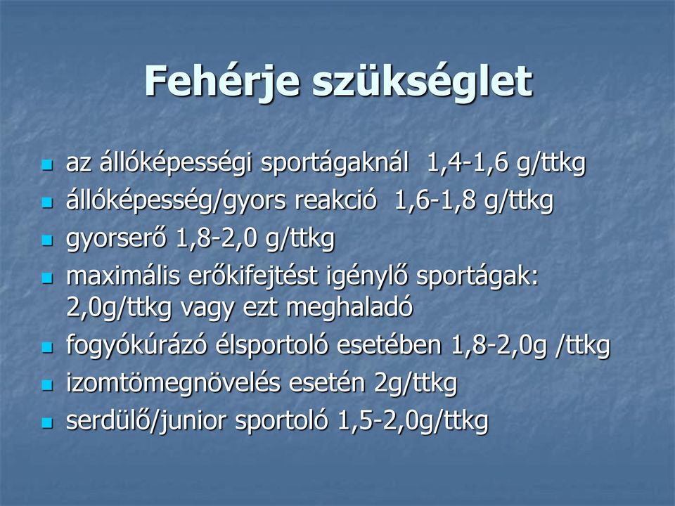 erőkifejtést igénylő sportágak: 2,0g/ttkg vagy ezt meghaladó fogyókúrázó