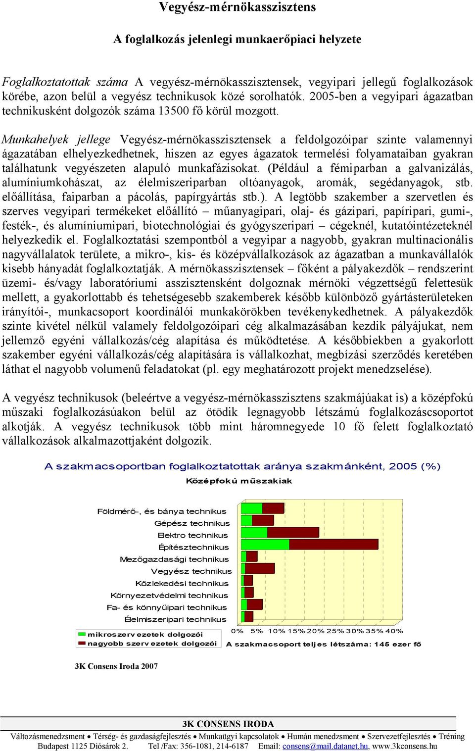 Munkahelyek jellege Vegyész-mérnökasszisztensek a feldolgozóipar szinte valamennyi ágazatában elhelyezkedhetnek, hiszen az egyes ágazatok termelési folyamataiban gyakran találhatunk vegyészeten