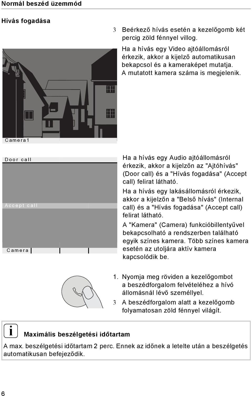 Camera1 Door call Accept call Camera Ha a hívás egy Audo ajtóállomásról érkezk, akkor a kjelzőn az "Ajtóhívás" (Door call) és a "Hívás fogadása" (Accept call) felrat látható.