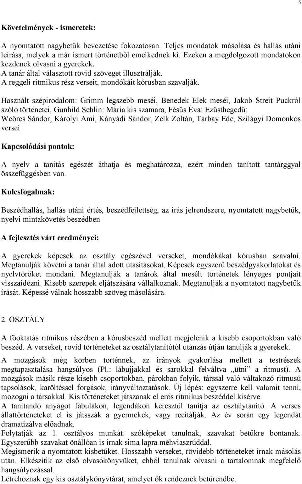 Használt szépirodalom: Grimm legszebb meséi, Benedek Elek meséi, Jakob Streit Puckról szóló történetei, Gunhild Sehlin: Mária kis szamara, Fésűs Éva: Ezüsthegedű; Weöres Sándor, Károlyi Ami, Kányádi