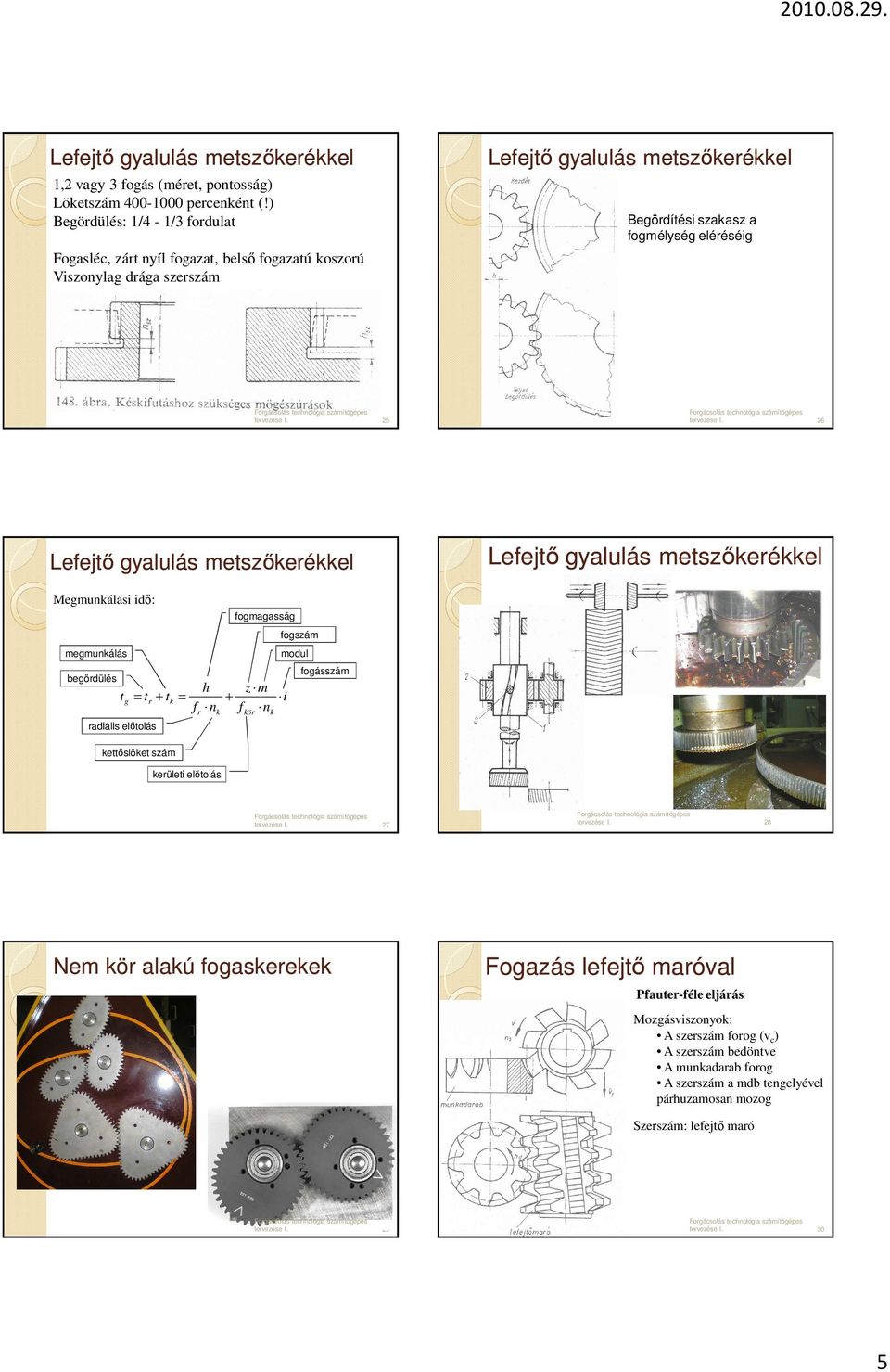 Megmunkálási idı: megmunkálás begördülés t = t + t g r radiális elıtolás kettıslöket szám kerületi elıtolás k h z m = + i f n f n r k fogmagasság fogszám