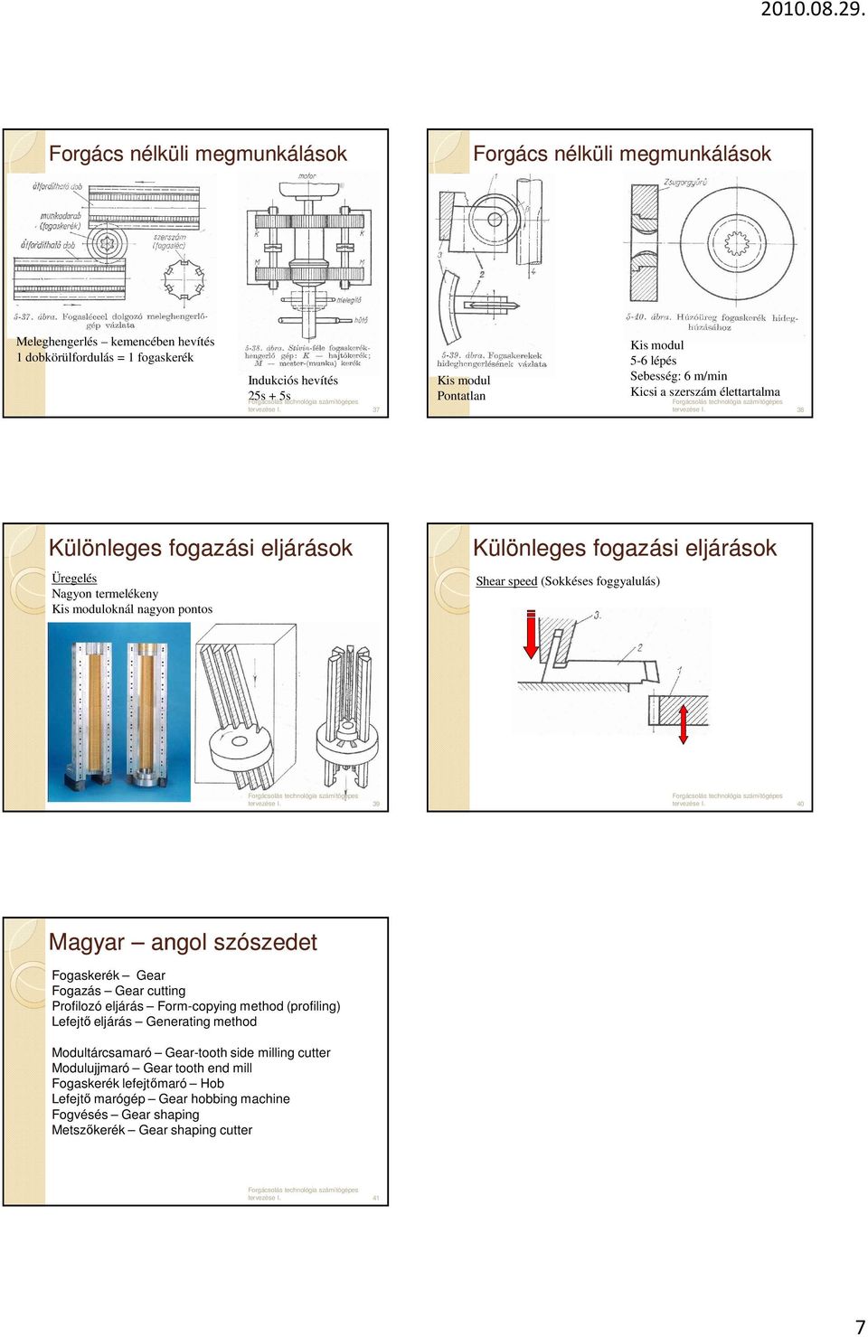 speed (Sokkéses foggyalulás) 39 40 Magyar angol szószedet Fogaskerék Gear Fogazás Gear cutting Profilozó eljárás Form-copying method (profiling) Lefejtı eljárás Generating method