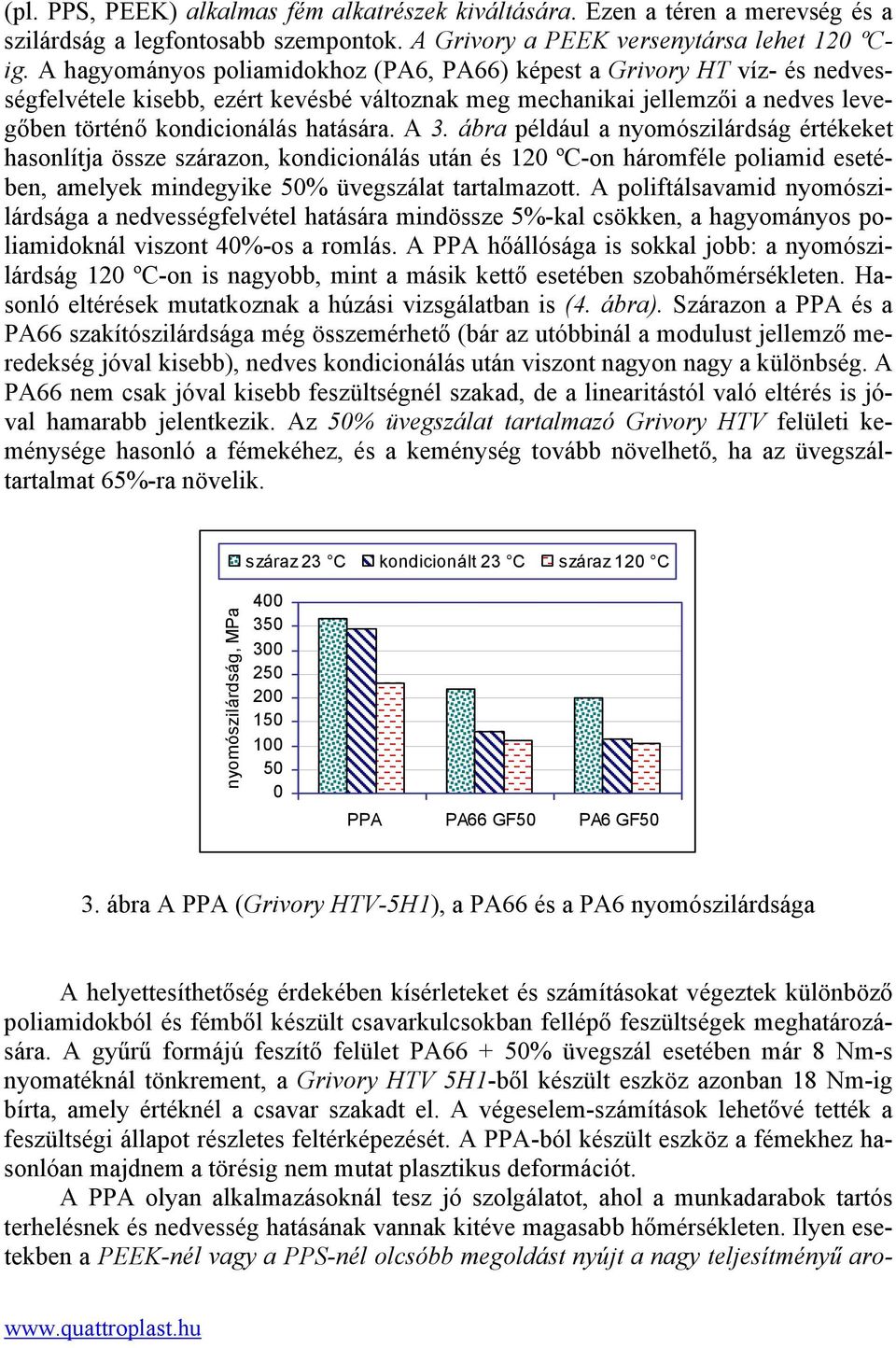 ábra például a nyomószilárdság értékeket hasonlítja össze szárazon, kondicionálás után és 120 ºC-on háromféle poliamid esetében, amelyek mindegyike 50% üvegszálat tartalmazott.