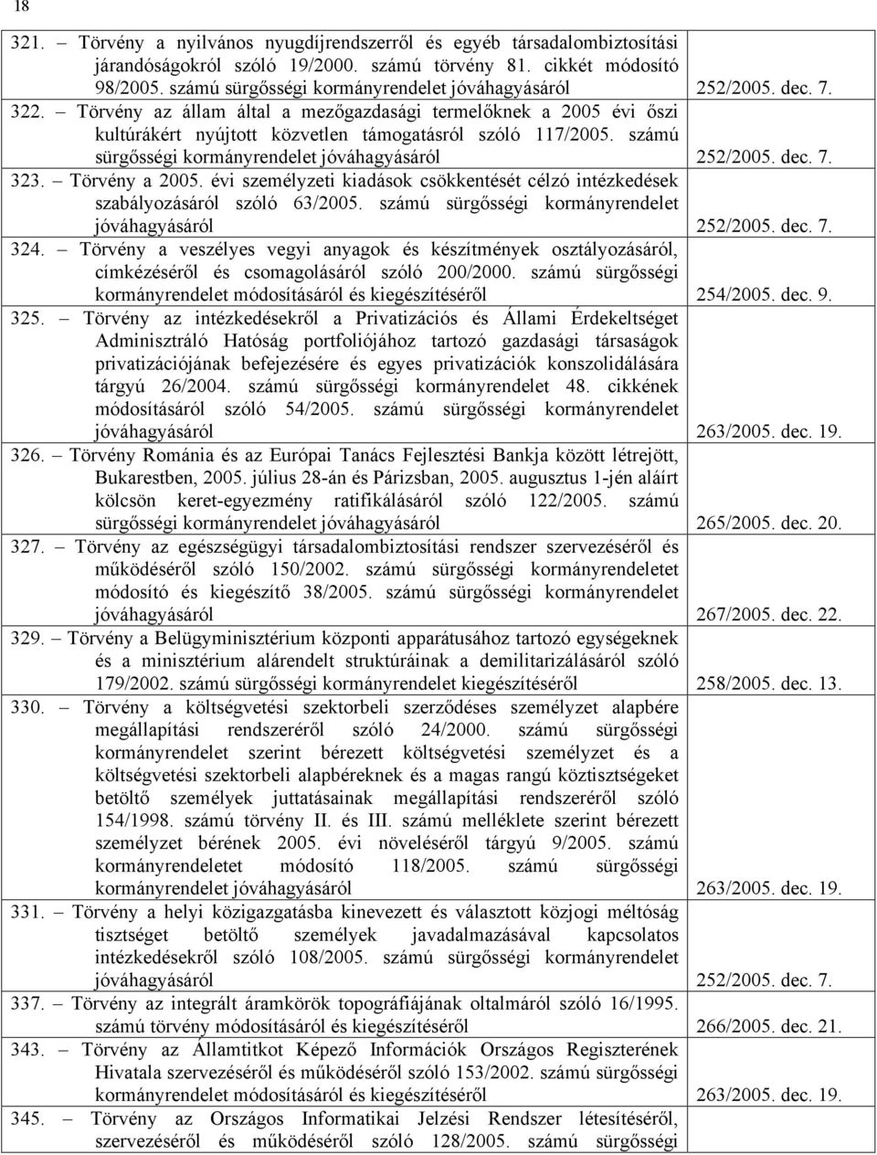 számú sürgősségi kormányrendelet jóváhagyásáról 252/2005. dec. 7. 323. Törvény a 2005. évi személyzeti kiadások csökkentését célzó intézkedések szabályozásáról szóló 63/2005.
