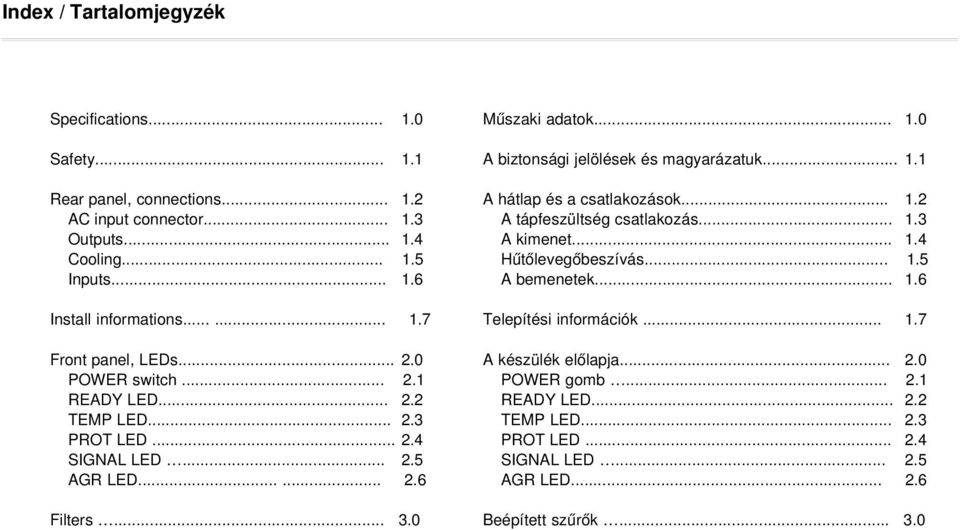 ..... 1.7 Telepítési információk... 1.7 Front panel, LEDs... 2.0 POWER switch... 2.1 READY LED... 2.2 TEMP LED... 2.3 PROT LED... 2.4 SIGNAL LED... 2.5 AGR LED...... 2.6 A készülék előlapja.