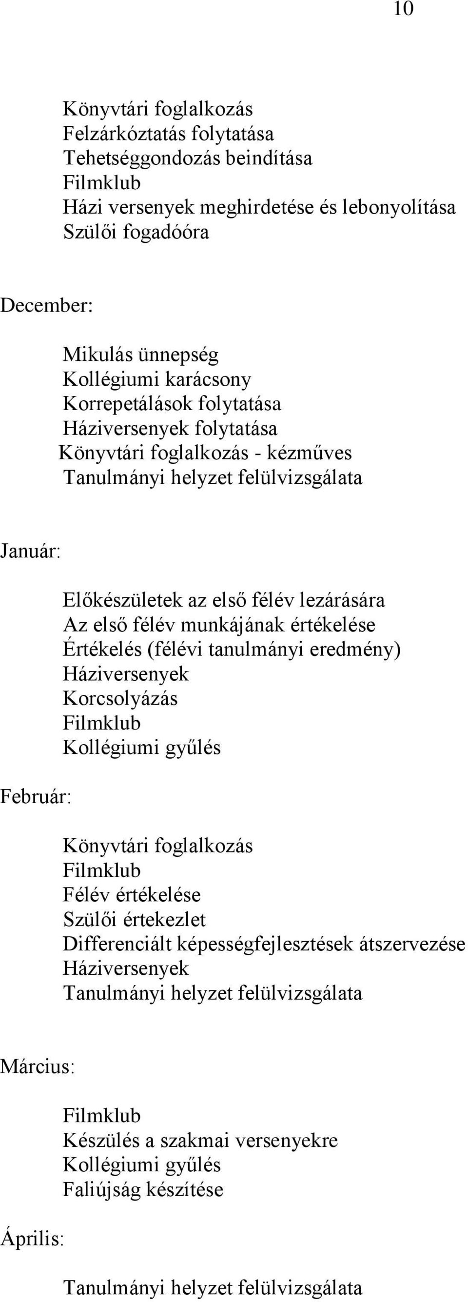 munkájának értékelése Értékelés (félévi tanulmányi eredmény) Háziversenyek Korcsolyázás Kollégiumi gyűlés Könyvtári foglalkozás Félév értékelése Szülői értekezlet Differenciált