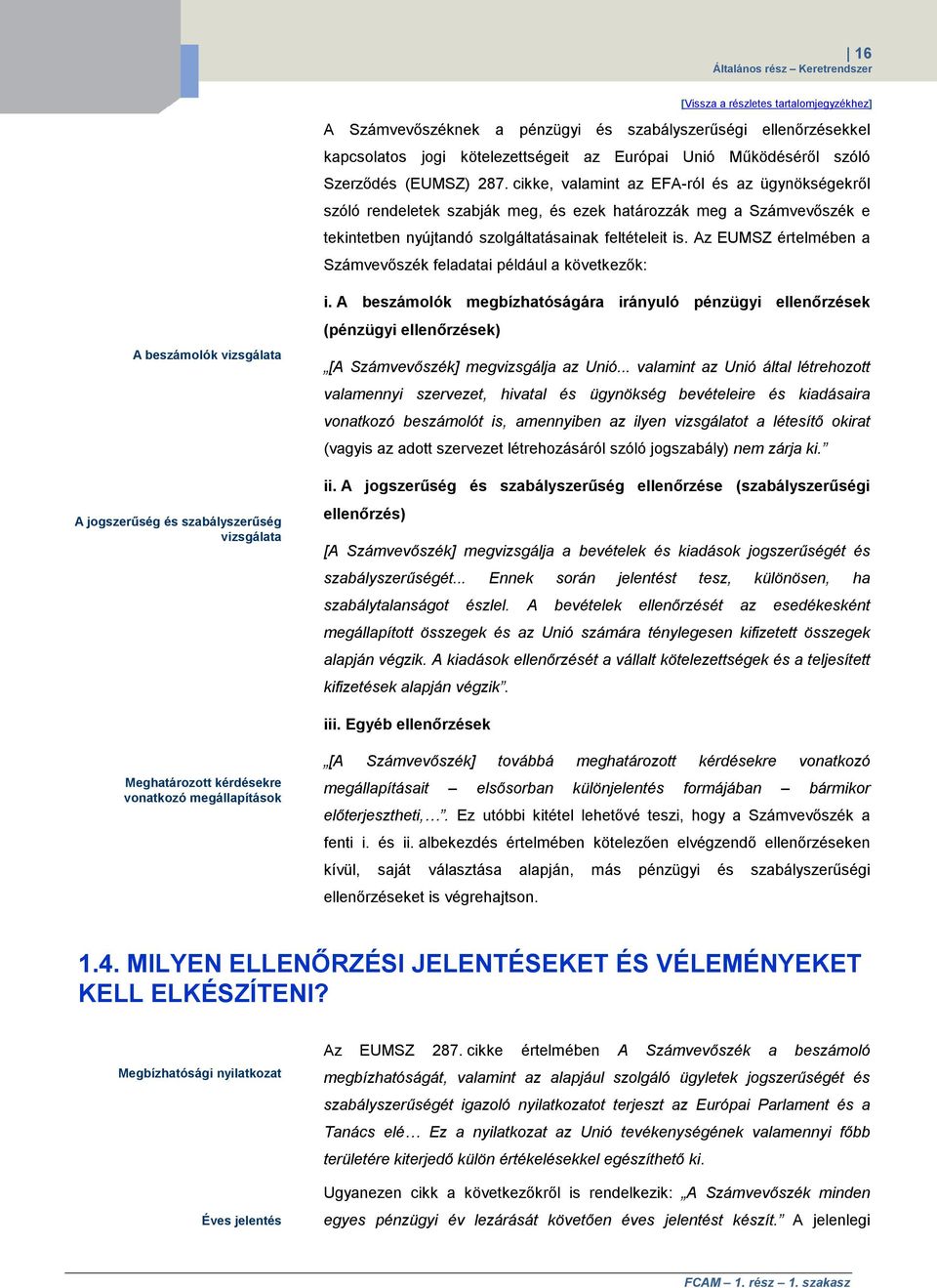 Az EUMSZ értelmében a Számvevőszék feladatai például a következők: A beszámolók vizsgálata A jogszerűség és szabályszerűség vizsgálata i.