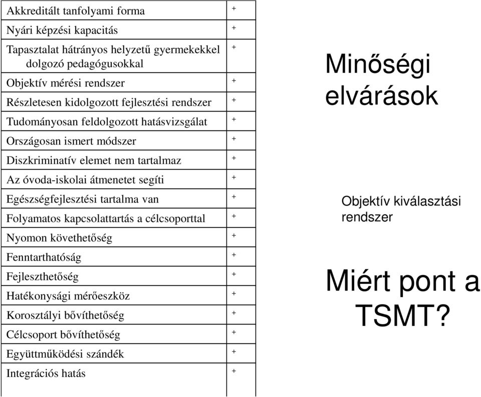 átmenetet segíti Egészségfejlesztési tartalma van Folyamatos kapcsolattartás a célcsoporttal Nyomon követhetıség Fenntarthatóság Fejleszthetıség Hatékonysági