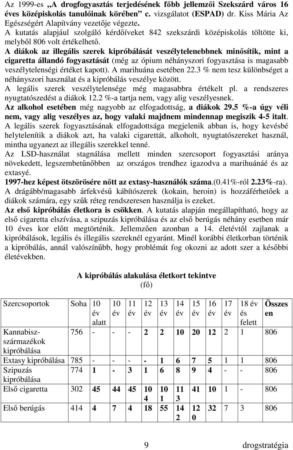 A diákok az illegális szerek kipróbálását veszélytelenebbnek minısítik, mint a cigaretta állandó fogyasztását (még az ópium néhányszori fogyasztása is magasabb veszélytelenségi értéket kapott).