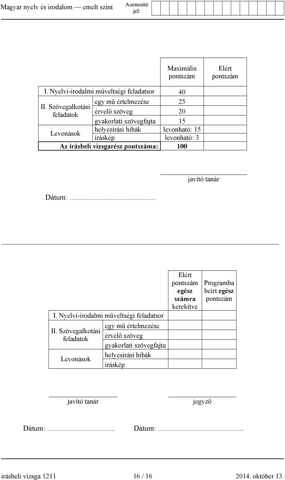 Az írásbeli vizsgarész pontszáma: 100 Dátum:... javító tanár I. Nyelvi-irodalmi műveltségi feladatsor II.