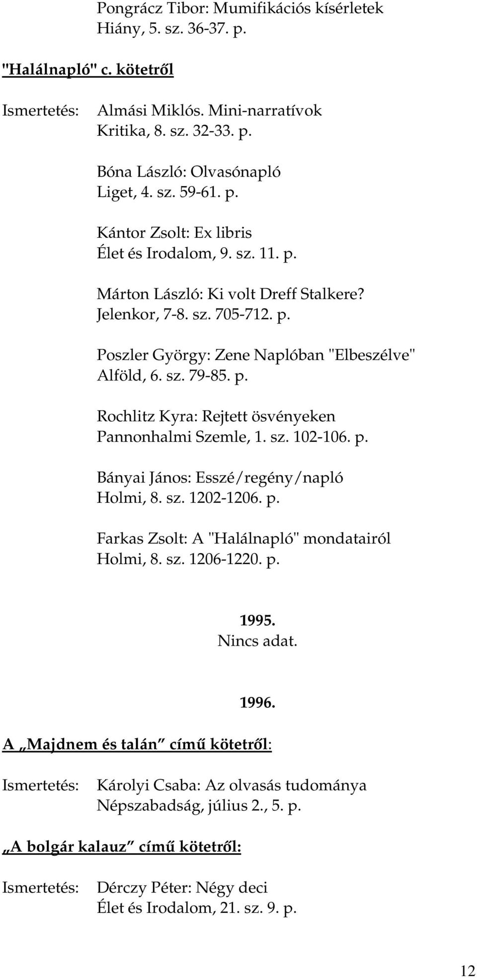 sz. 102-106. p. Bányai János: Esszé/regény/napló Holmi, 8. sz. 1202-1206. p. Farkas Zsolt: A "Halálnapló" mondatairól Holmi, 8. sz. 1206-1220. p. 1995. Nincs adat. 1996.