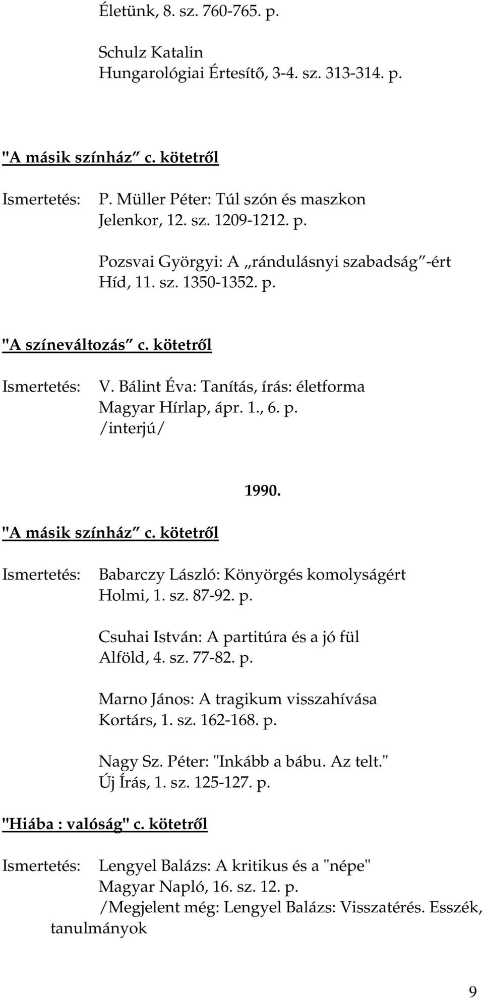 kötetről Babarczy László: Könyörgés komolyságért Holmi, 1. sz. 87-92. p. Csuhai István: A partitúra és a jó fül Alföld, 4. sz. 77-82. p. Marno János: A tragikum visszahívása Kortárs, 1. sz. 162-168.