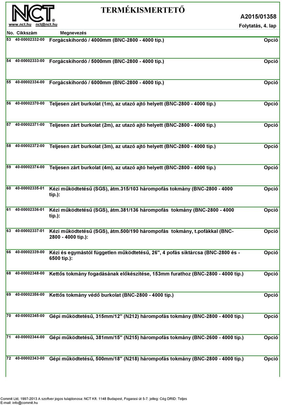 ) 57 40-00002371-00 Teljesen zárt burkolat (2m), az utazó ajtó helyett (BNC-2800-4000 tip.) 58 40-00002372-00 Teljesen zárt burkolat (3m), az utazó ajtó helyett (BNC-2800-4000 tip.