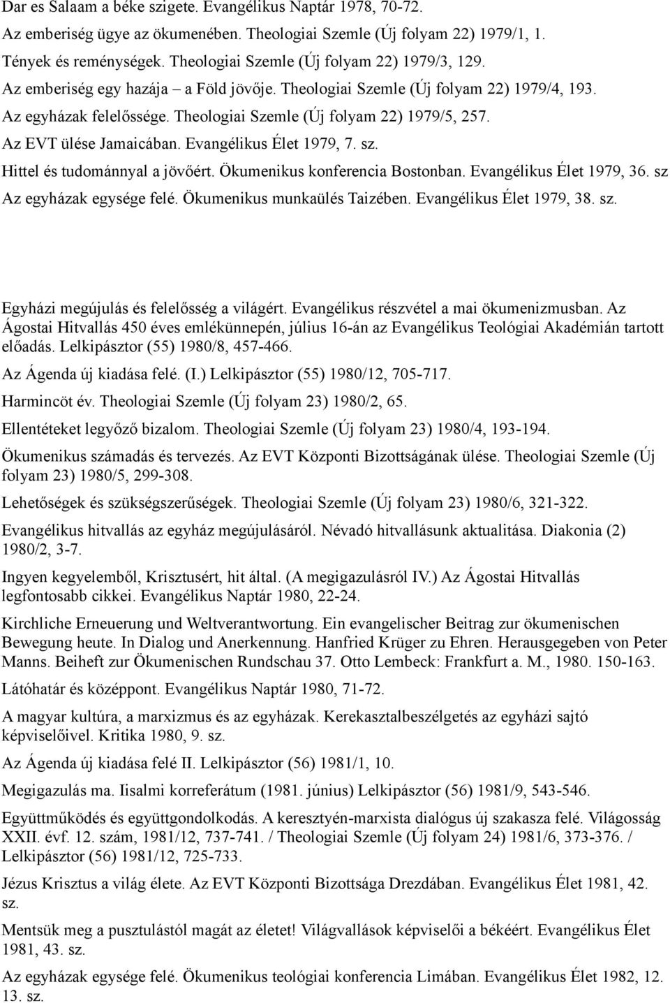 Theologiai Szemle (Új folyam 22) 1979/5, 257. Az EVT ülése Jamaicában. Evangélikus Élet 1979, 7. sz. Hittel és tudománnyal a jövőért. Ökumenikus konferencia Bostonban. Evangélikus Élet 1979, 36.