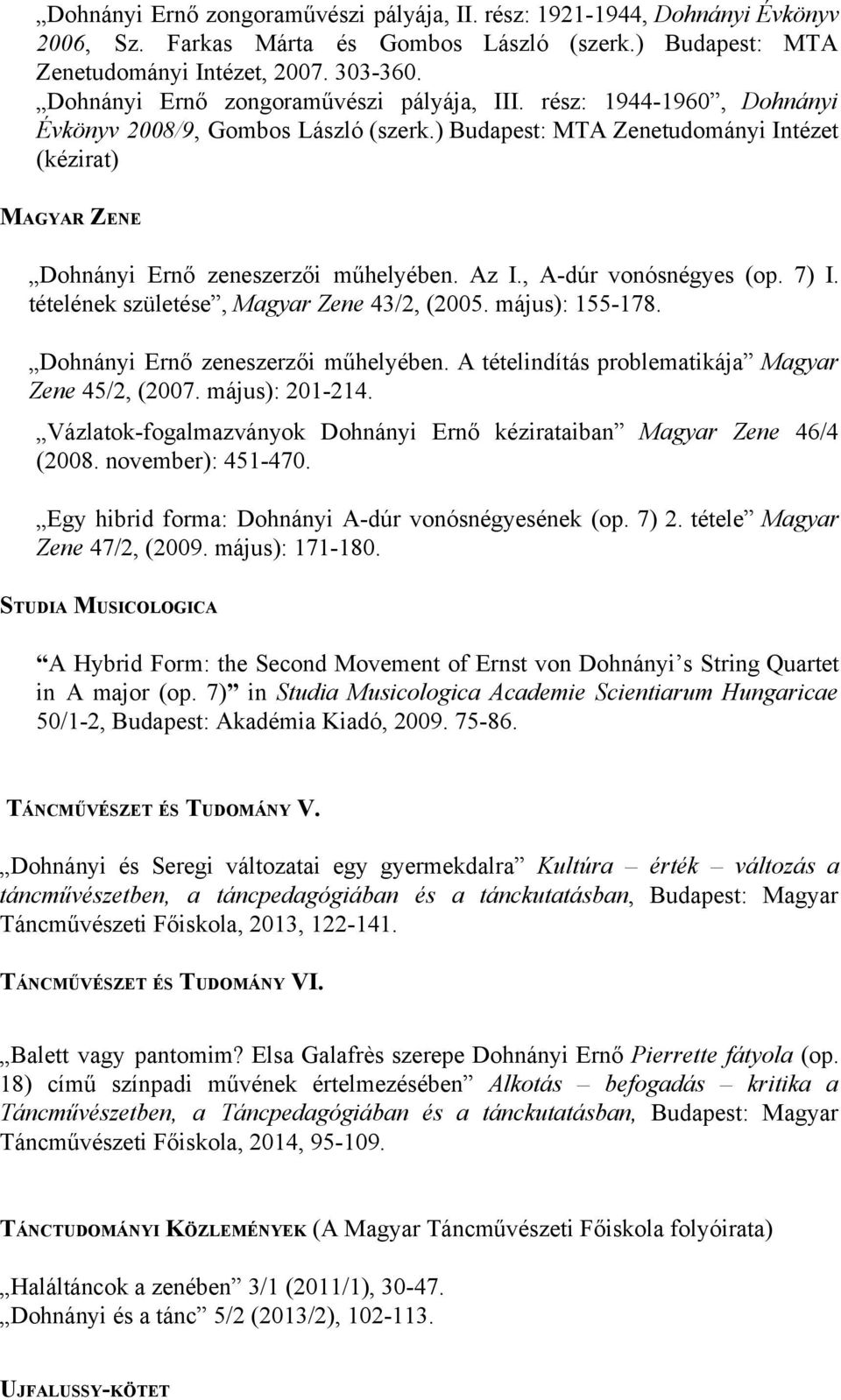 ) Budapest: MTA Zenetudományi Intézet (kézirat) MAGYAR ZENE Dohnányi Ernő zeneszerzői műhelyében. Az I., A dúr vonósnégyes (op. 7) I. tételének születése, Magyar Zene 43/2, (2005. május): 155 178.