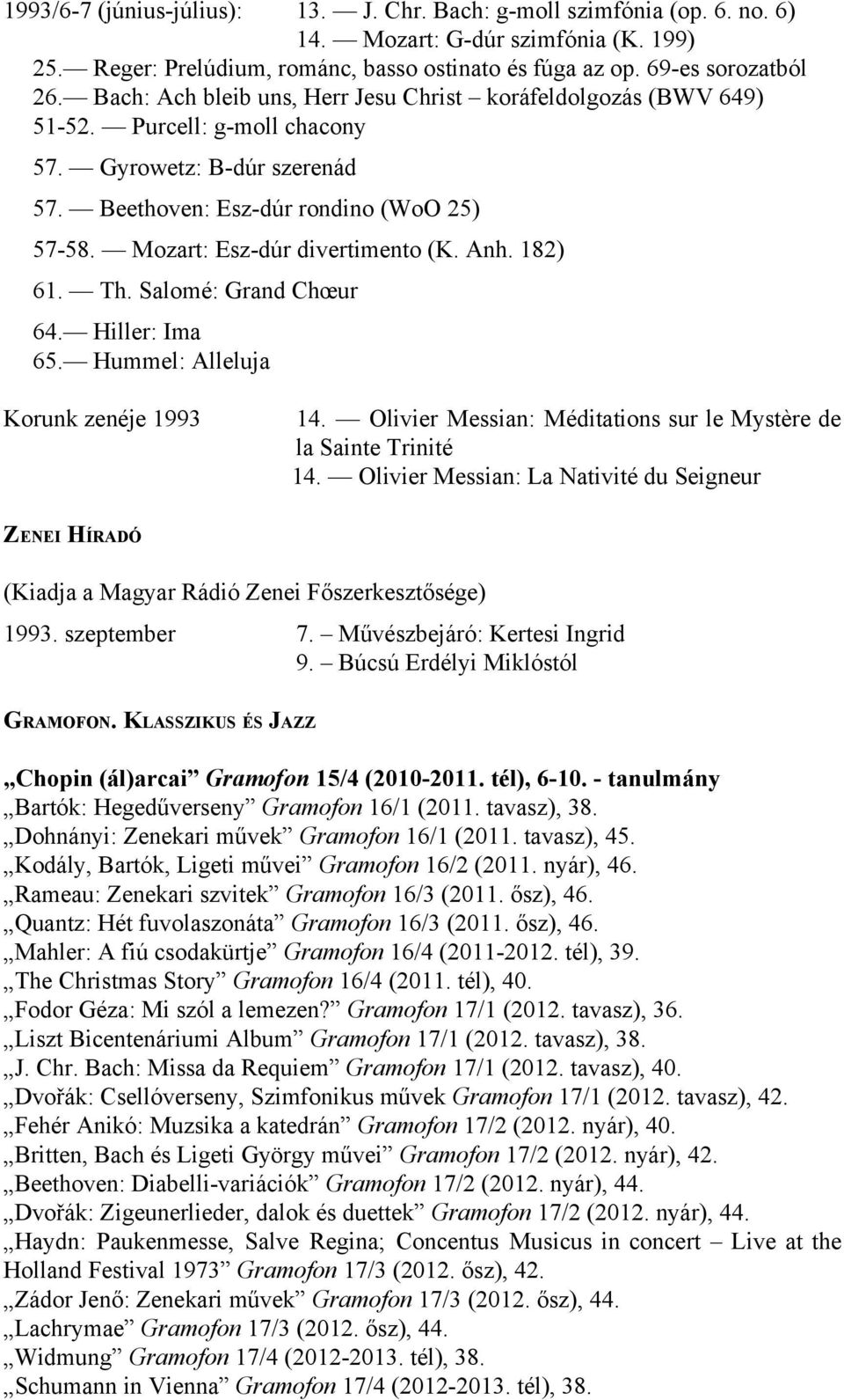 Mozart: Esz dúr divertimento (K. Anh. 182) 61. Th. Salomé: Grand Chœur 64. Hiller: Ima 65. Hummel: Alleluja Korunk zenéje 1993 14. Olivier Messian: Méditations sur le Mystère de la Sainte Trinité 14.