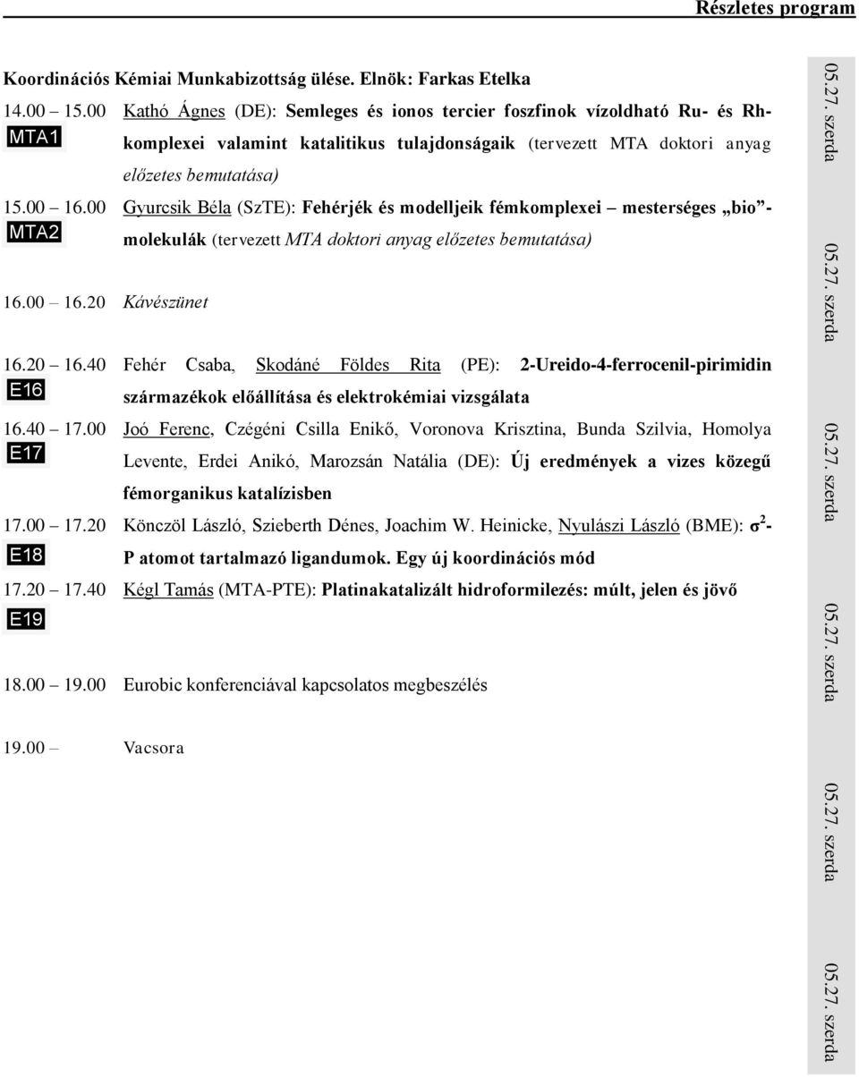 00 Gyurcsik Béla (SzTE): Fehérjék és modelljeik fémkomplexei mesterséges bio - MTA2 molekulák (tervezett MTA doktori anyag előzetes bemutatása) 16.00 16.20 Kávészünet 16.20 16.