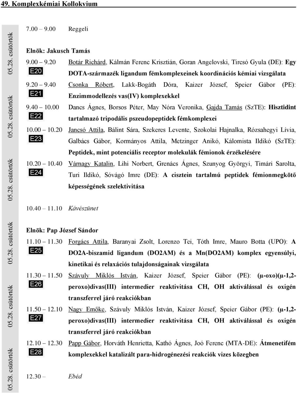 20 9.40 Csonka Róbert, Lakk-Bogáth Dóra, Kaizer József, Speier Gábor (PE): E21 Enzimmodellezés vas(iv) komplexekkel 9.40 10.