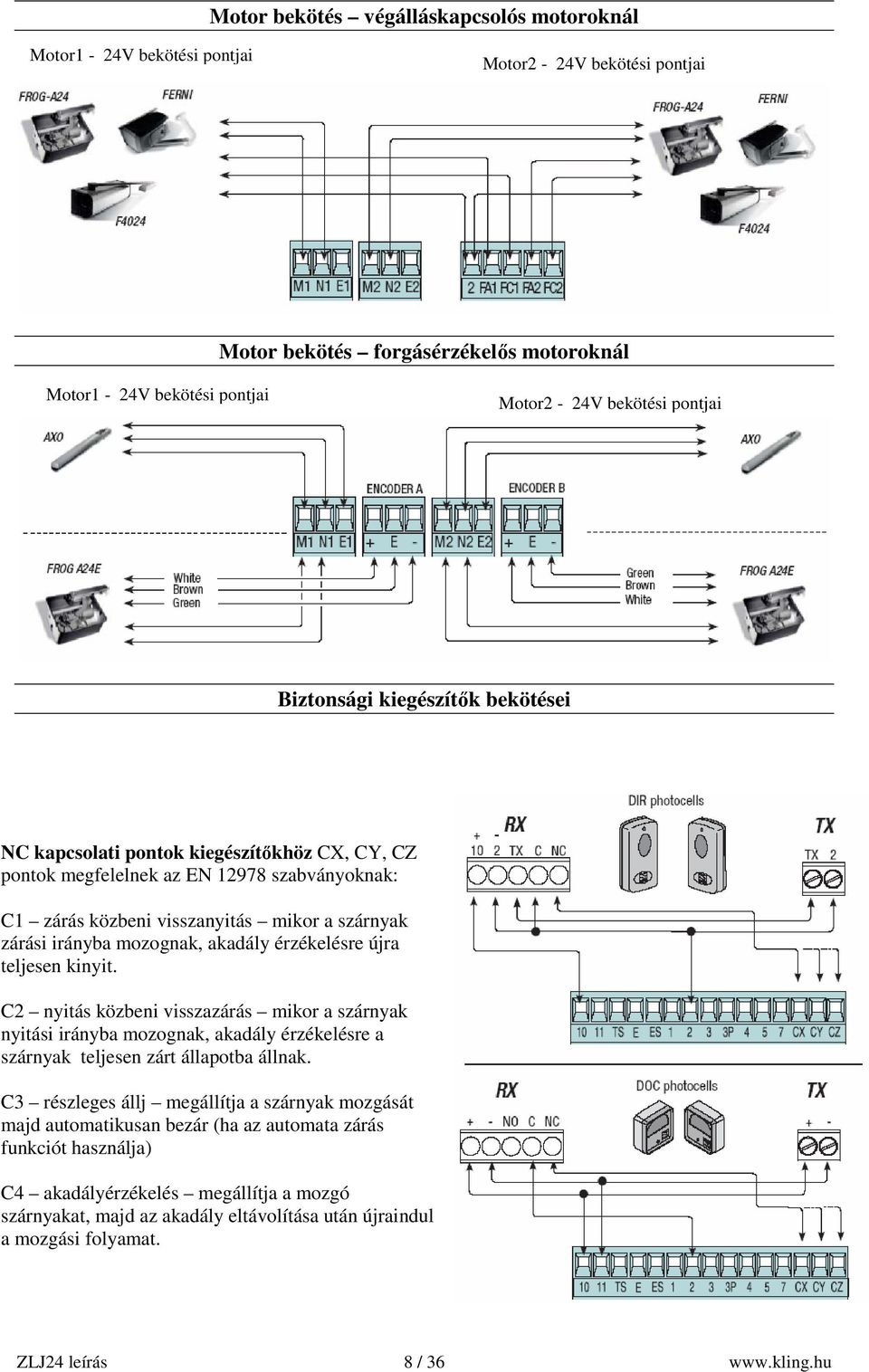 akadály érzékelésre újra teljesen kinyit. C2 nyitás közbeni visszazárás mikor a szárnyak nyitási irányba mozognak, akadály érzékelésre a szárnyak teljesen zárt állapotba állnak.