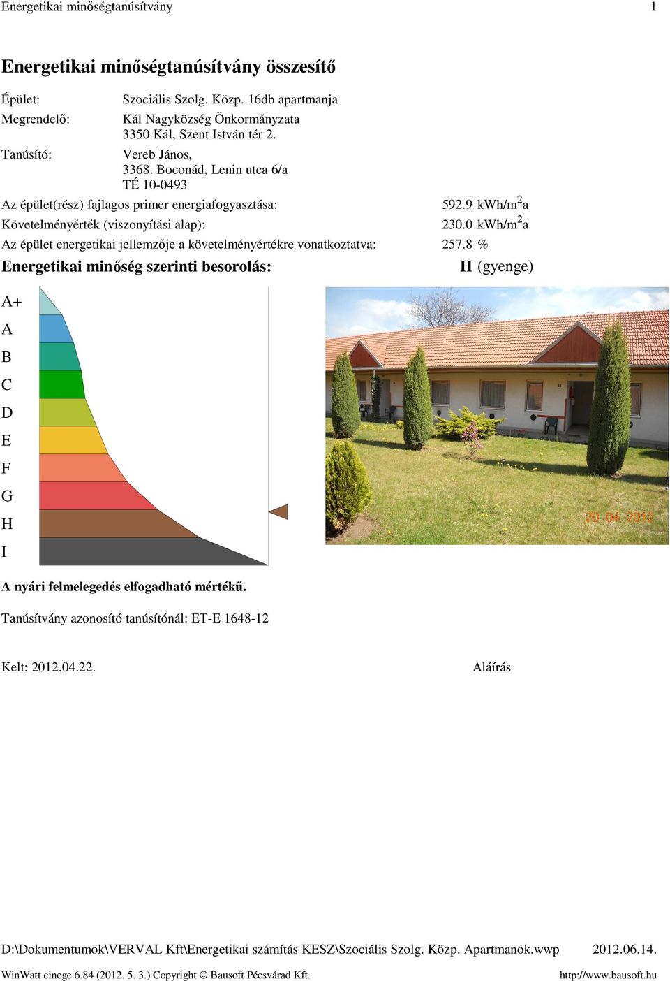 Boconád, Lenin utca 6/a TÉ 1-493 Az épület(rész) fajlagos primer energiafogyasztása Követelményérték (viszonyítási alap) Az épület energetikai jellemzője a követelményértékre