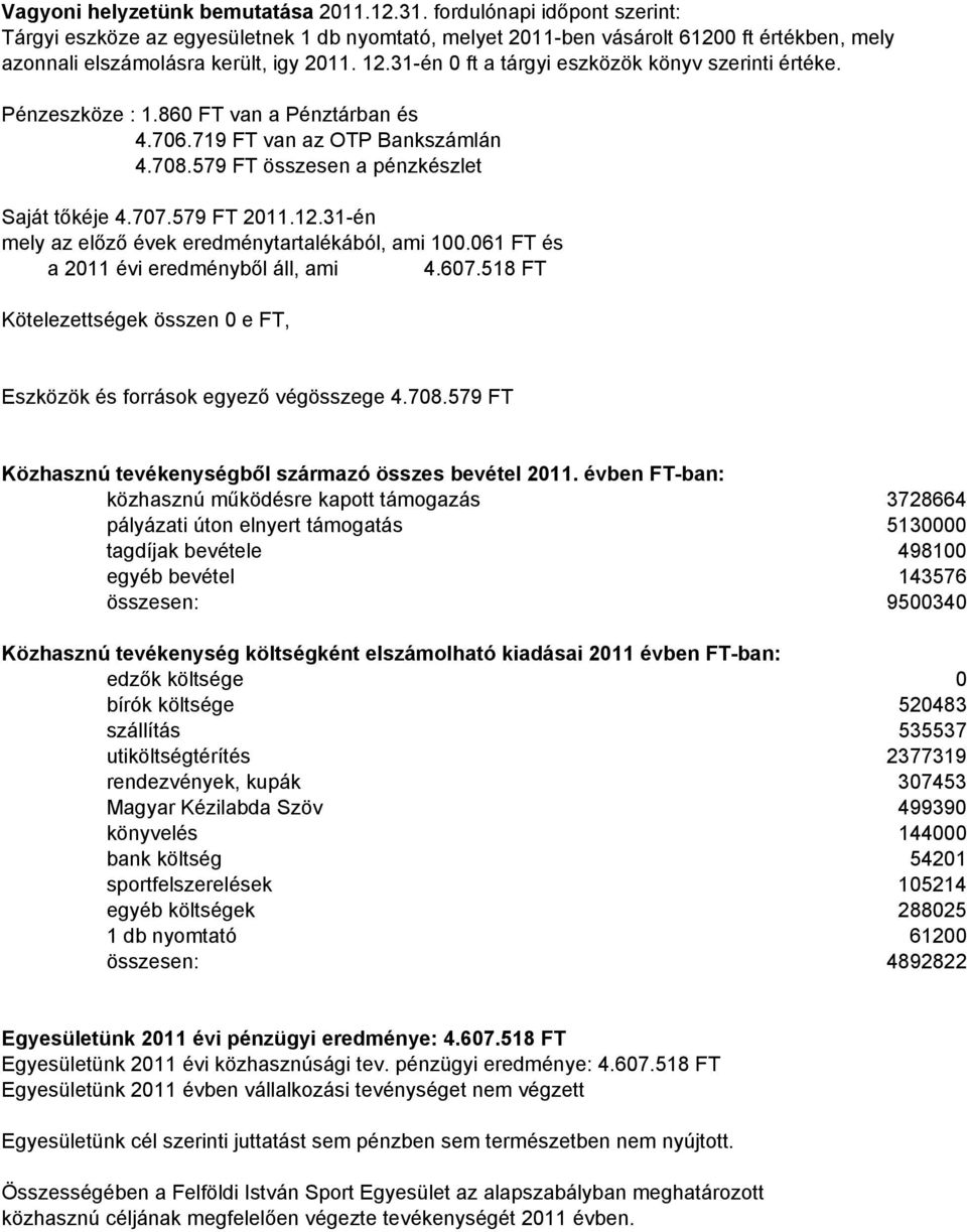 61 FT és a 211 évi eredményből áll, ami 4.67.518 FT Kötelezettségek összen e FT, Eszközök és források egyező végösszege 4.78.579 FT Közhasznú tevékenységből származó összes bevétel 211.