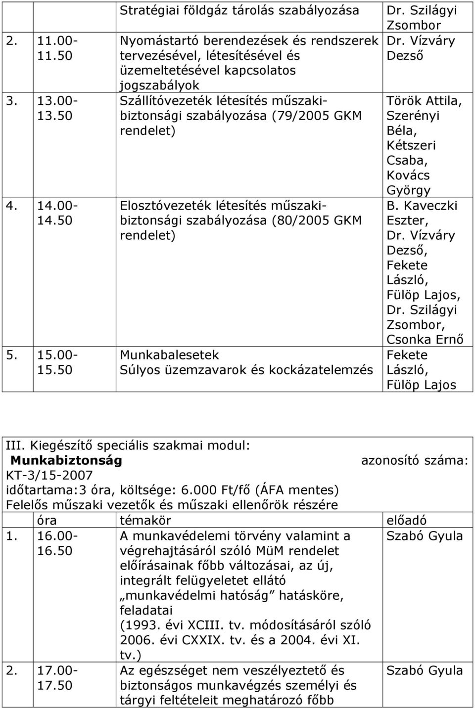 szabályozása (79/2005 GKM rendelet) Elosztóvezeték létesítés műszakibiztonsági szabályozása (80/2005 GKM rendelet) Munkabalesetek Súlyos üzemzavarok és kockázatelemzés Dr. Szilágyi Zsombor Dr.