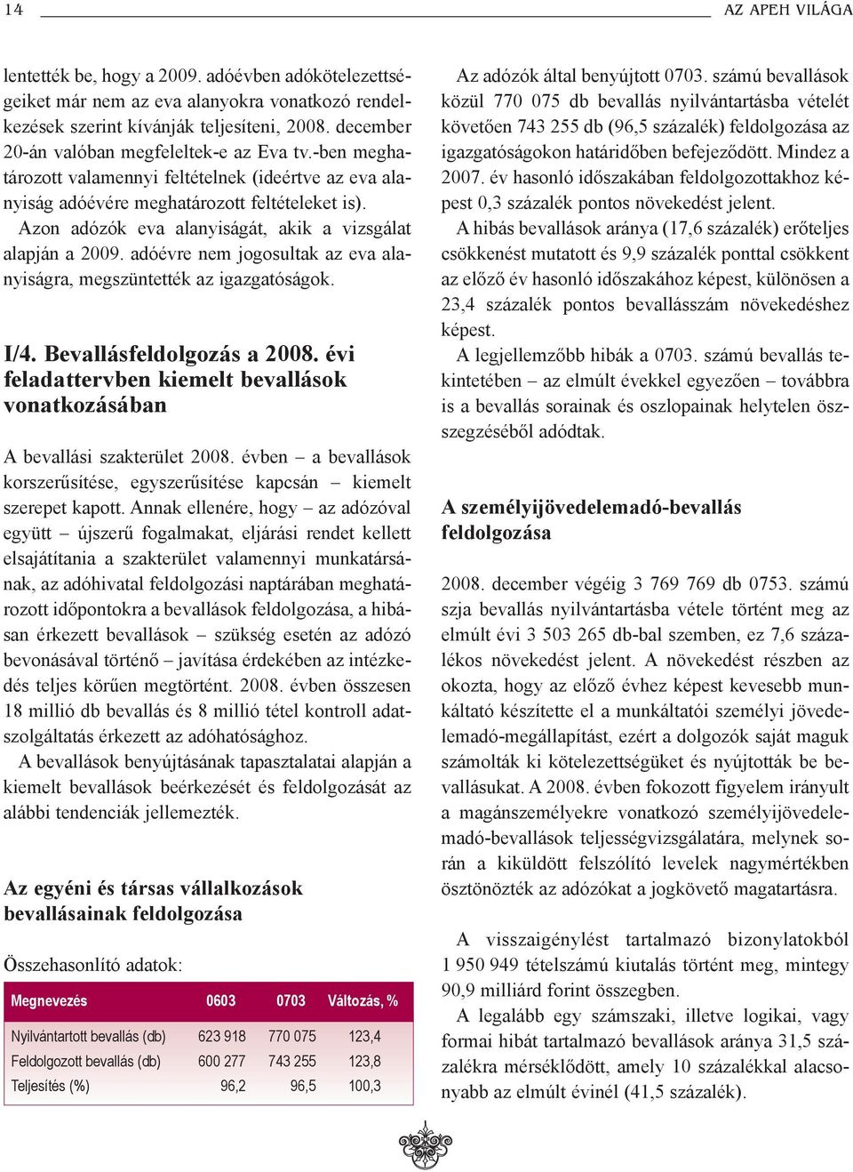 Azon adózók eva alanyiságát, akik a vizsgálat alapján a 2009. adóévre nem jogosultak az eva alanyiságra, megszüntették az igazgatóságok. I/4. Bevallásfeldolgozás a 2008.