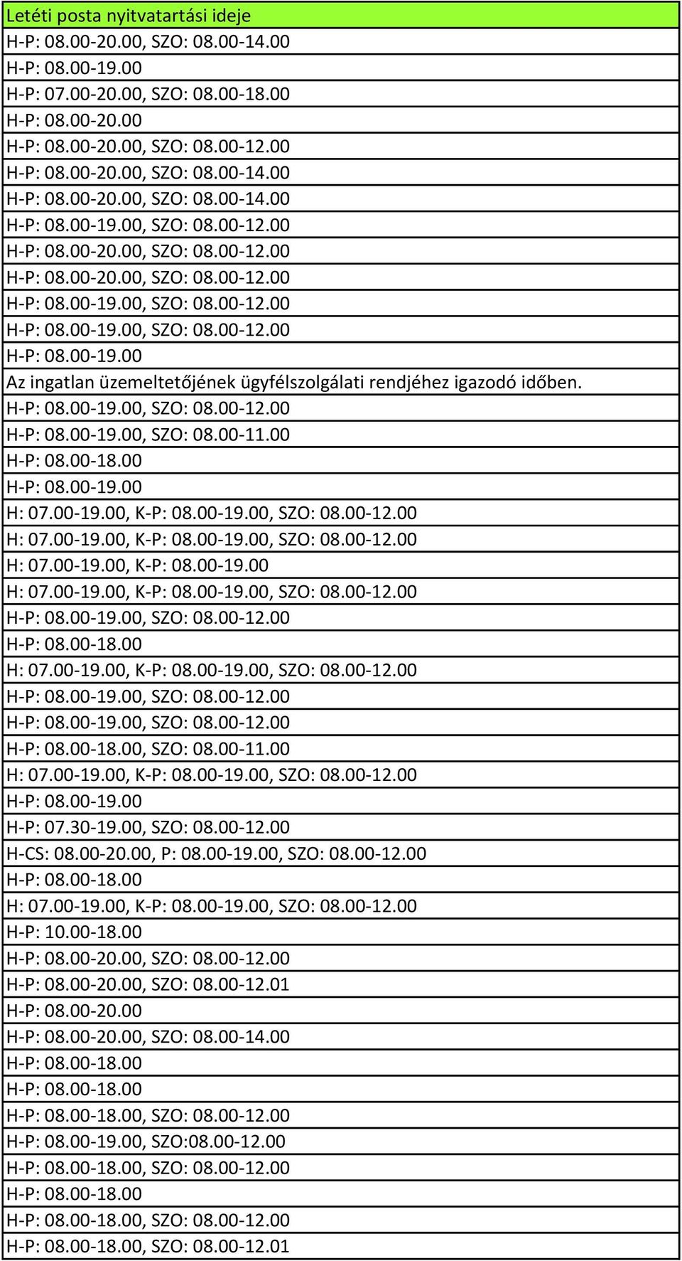 00-18.00 H-P: 08.00-20.00, SZO: 08.00-12.00 H-P: 08.00-20.00, SZO: 08.00-12.01 