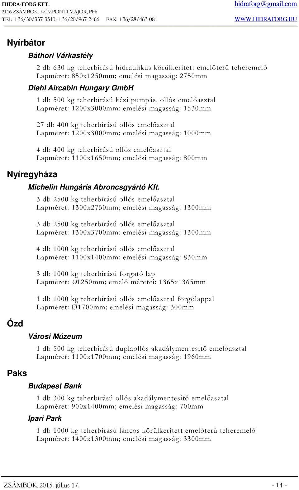 teherbírású ollós emelőasztal Lapméret: 1100x1650mm; emelési magasság: 800mm Michelin Hungária Abroncsgyártó Kft.