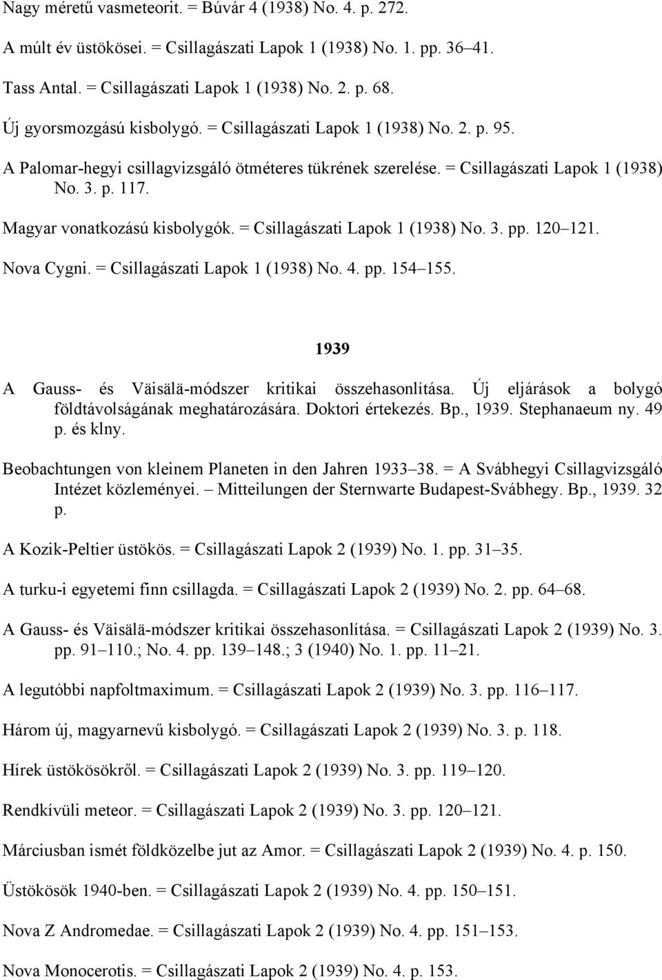 Magyar vonatkozású kisbolygók. = Csillagászati Lapok 1 (1938) No. 3. pp. 120 121. Nova Cygni. = Csillagászati Lapok 1 (1938) No. 4. pp. 154 155.