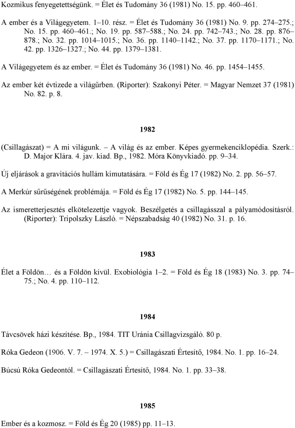 = Élet és Tudomány 36 (1981) No. 46. pp. 1454 1455. Az ember két évtizede a világűrben. (Riporter): Szakonyi Péter. = Magyar Nemzet 37 (1981) No. 82. p. 8. 1982 (Csillagászat) = A mi világunk.