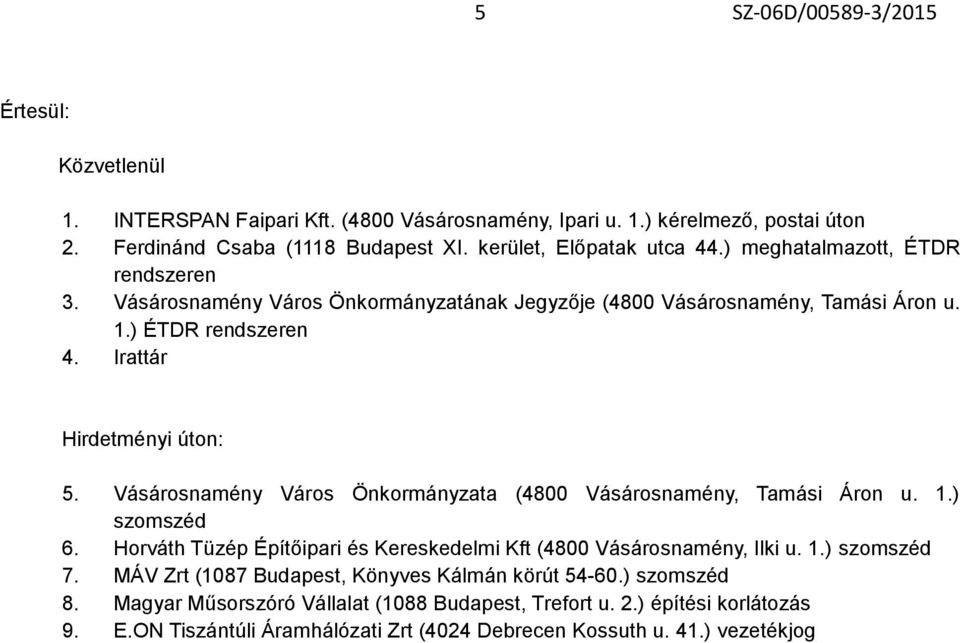 Vásárosnamény Város Önkormányzata (4800 Vásárosnamény, Tamási Áron u. 1.) szomszéd 6. Horváth Tüzép Építőipari és Kereskedelmi Kft (4800 Vásárosnamény, Ilki u. 1.) szomszéd 7.